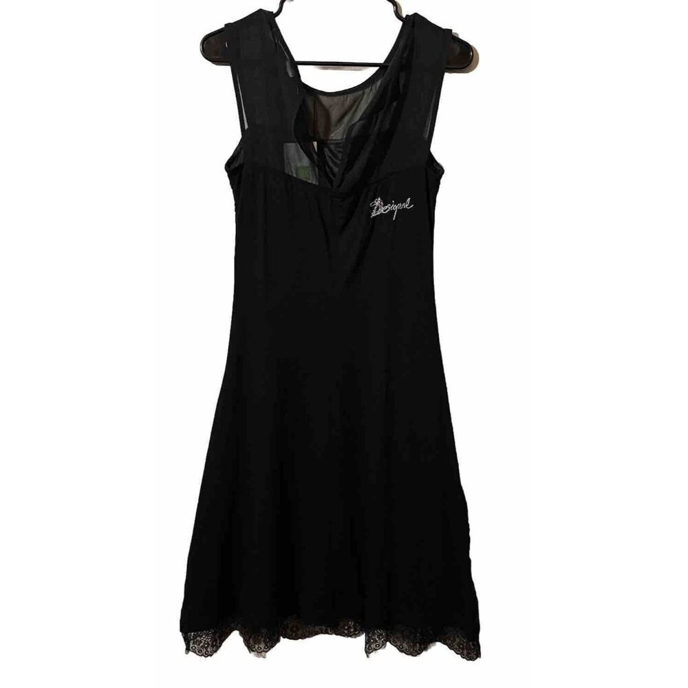 Desigual Women's Small Lemans Dress Black Royal Blue Geometric Fringe Bottom NWT